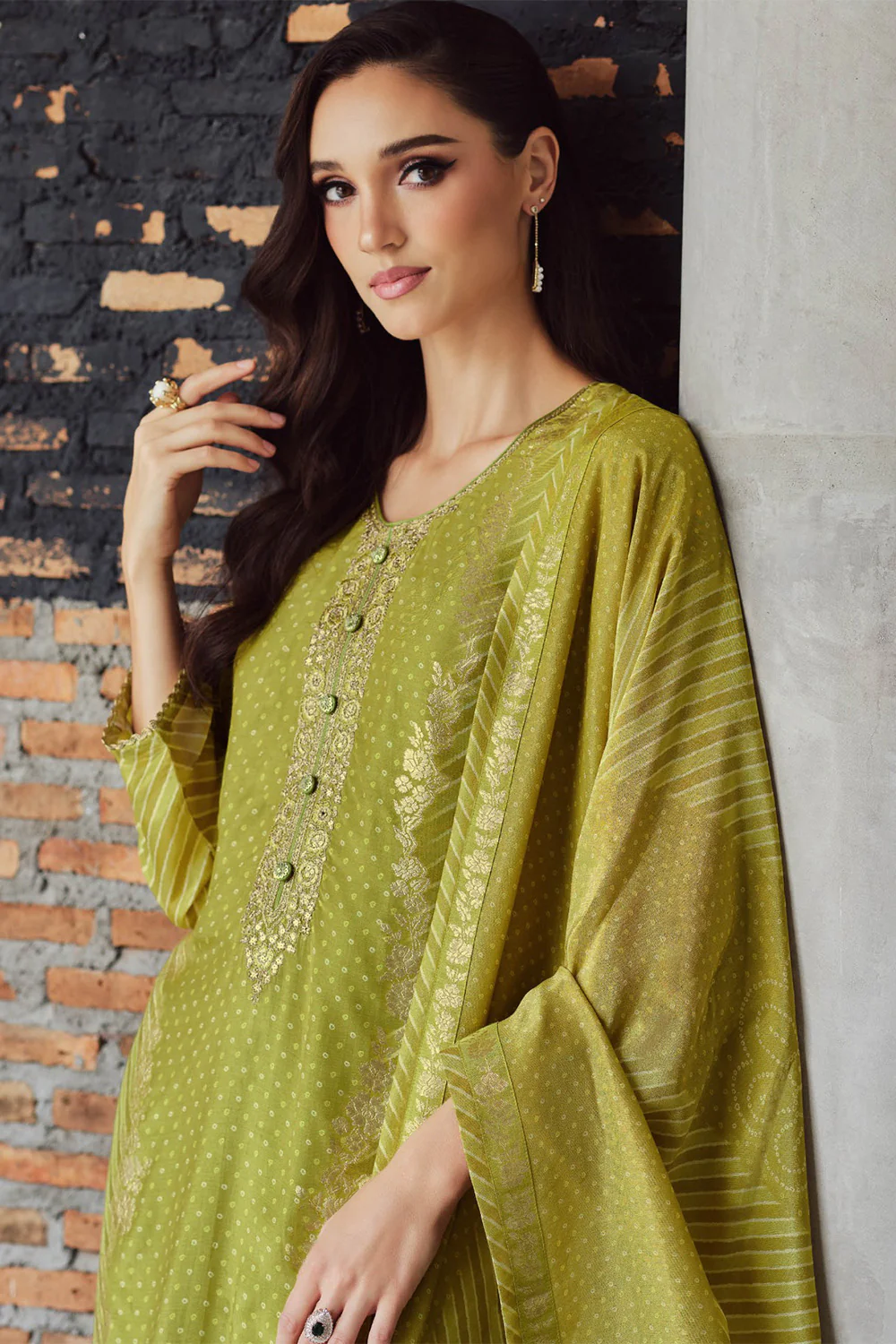 Olive Green Crepe Silk Bandhani Printed, Embroidered And Zari Woven Unstitched Suit - Image 3