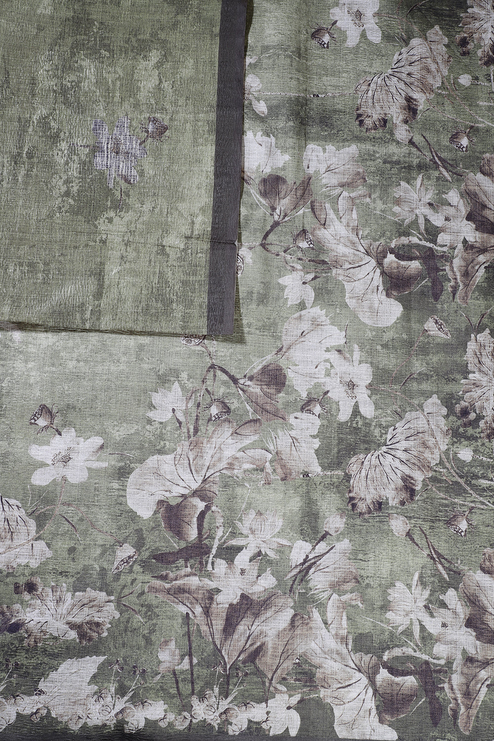 Olive Green Tussar Silk Floral Printed Saree - Image 2