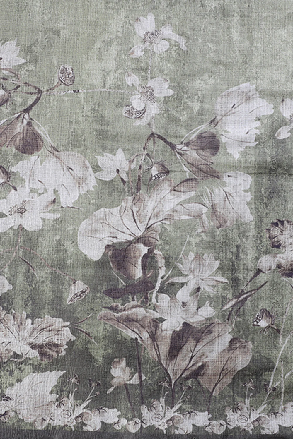 Olive Green Tussar Silk Floral Printed Saree - Image 3