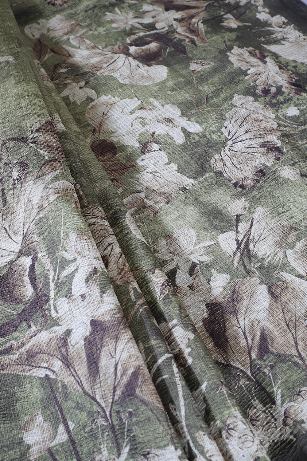 Olive Green Tussar Silk Floral Printed Saree - Image 4