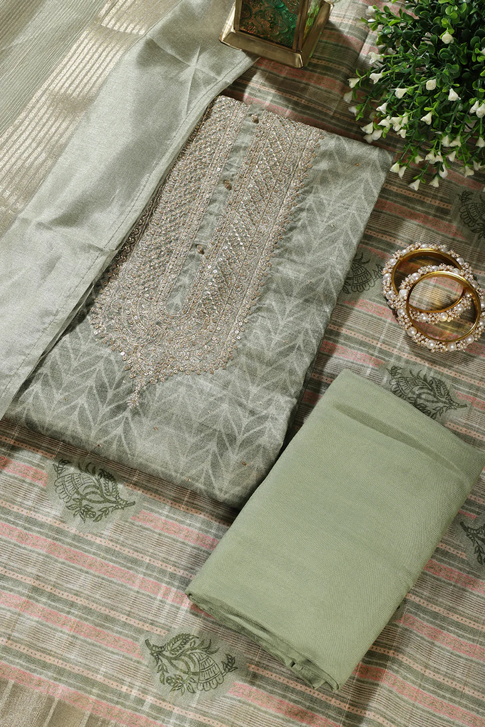 Olive Green Tussar Silk Neck Zari Embroidered & Printed Unstitched Suit Fabric - Image 3