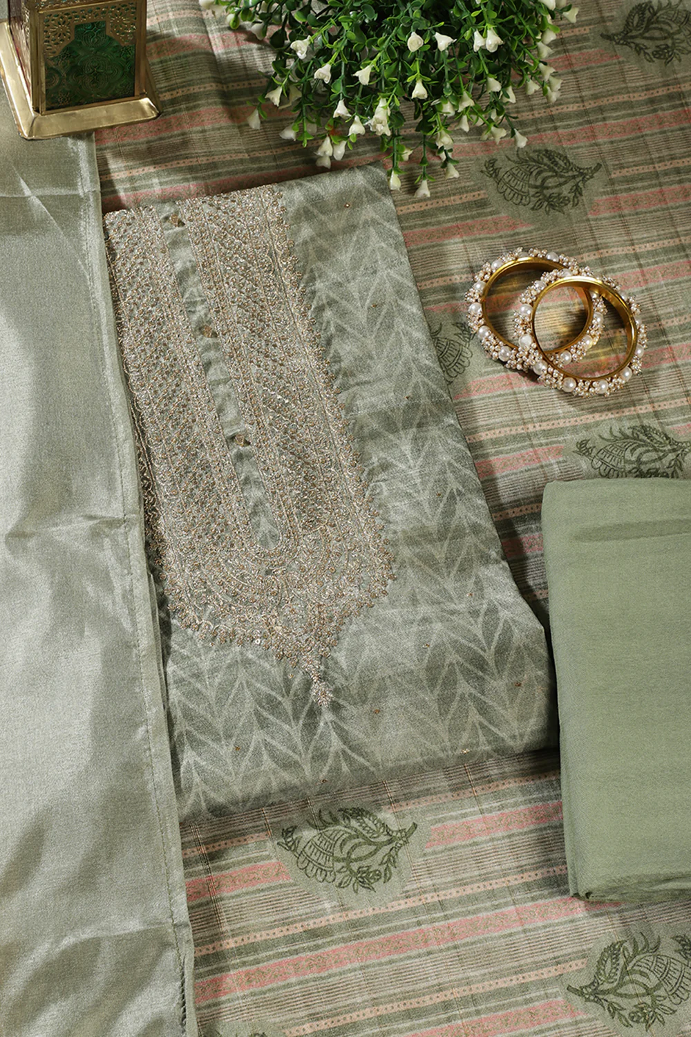 Olive Green Tussar Silk Neck Zari Embroidered & Printed Unstitched Suit Fabric - Image 4
