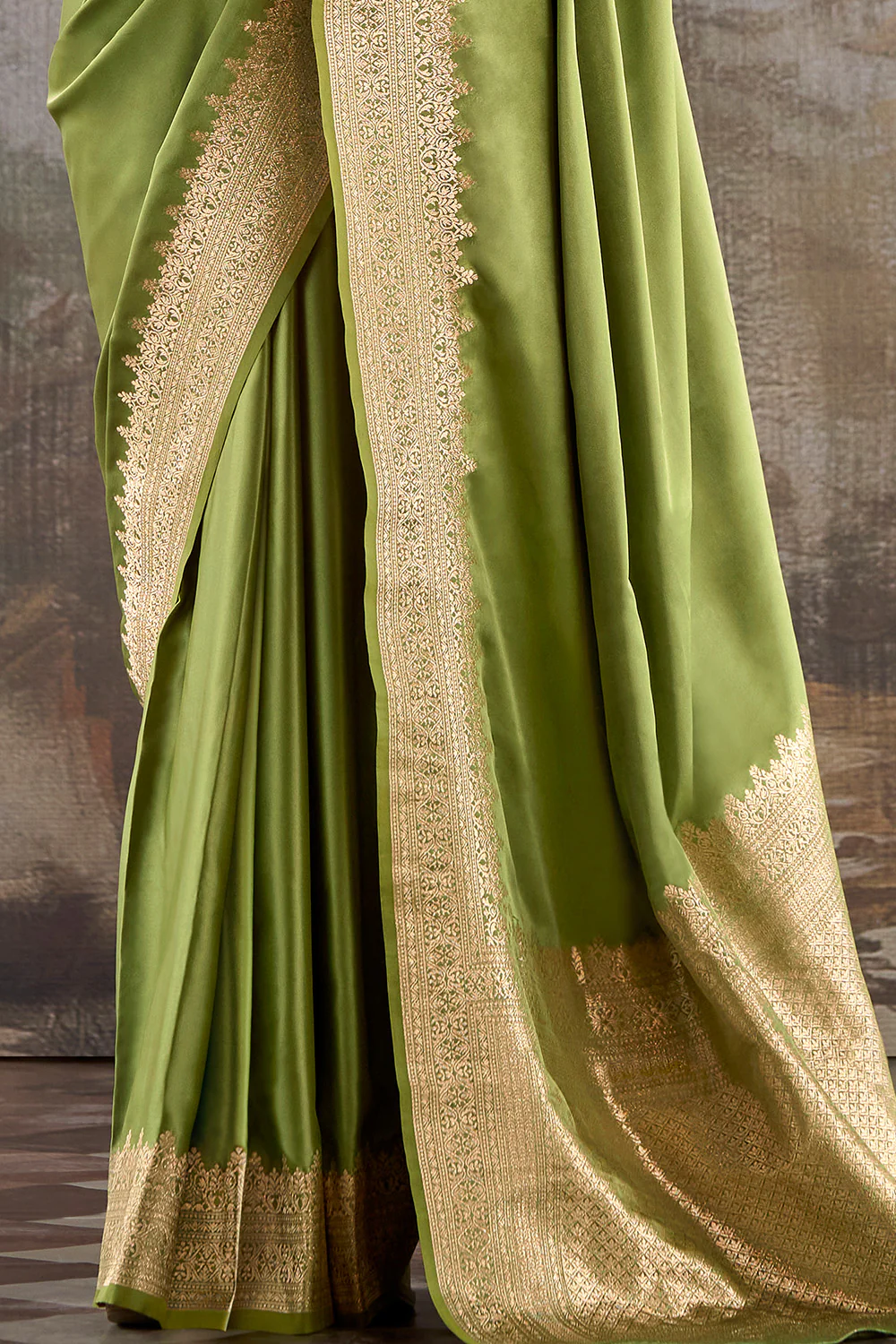 Olive Green Zari Woven Satin Silk Saree - Image 3