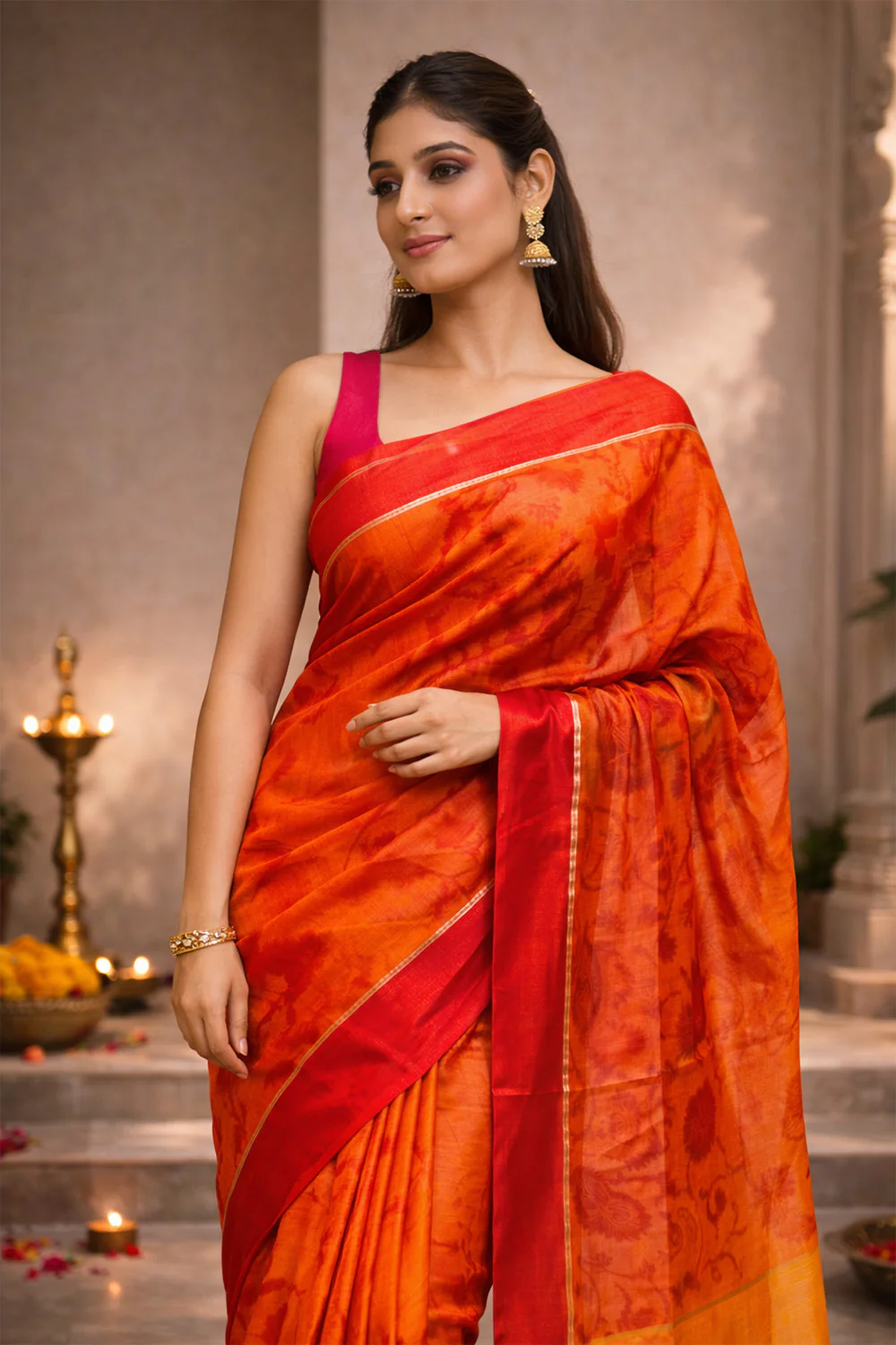 Orange Chanderi Cotton Printes Saree - Image 2