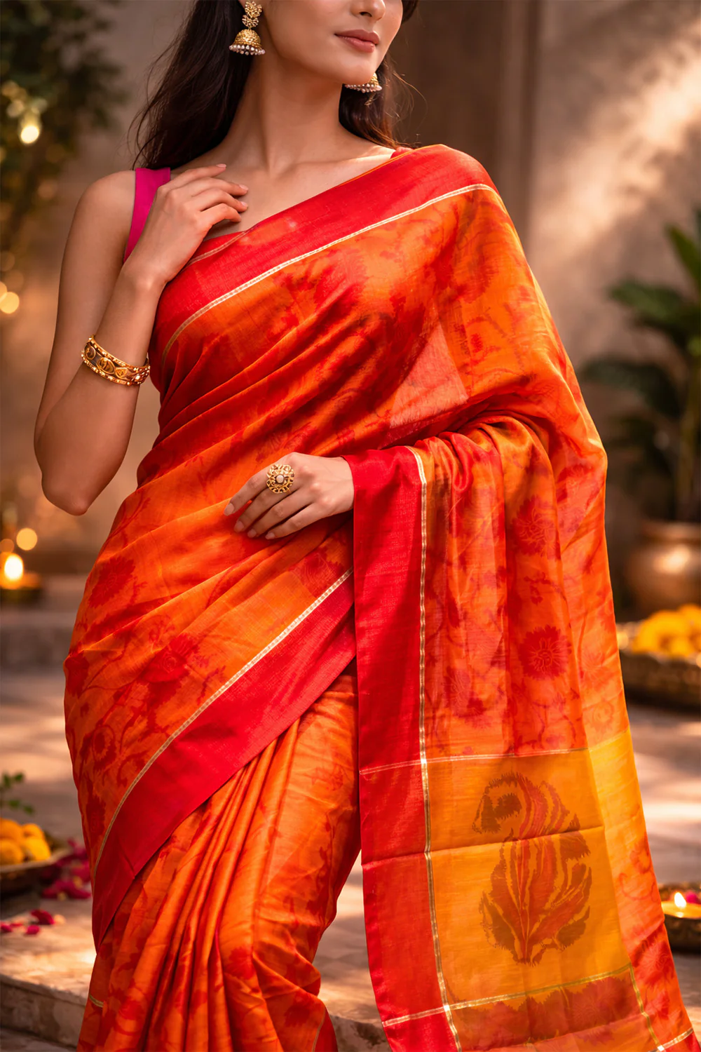 Orange Chanderi Cotton Printes Saree - Image 3