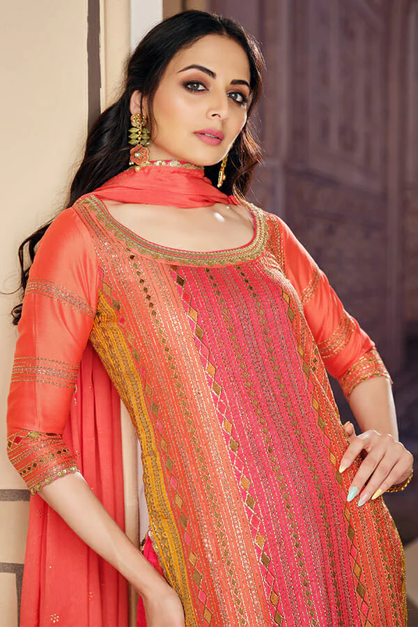 Orange Color Tussar Silk Gharara Suit - Image 3