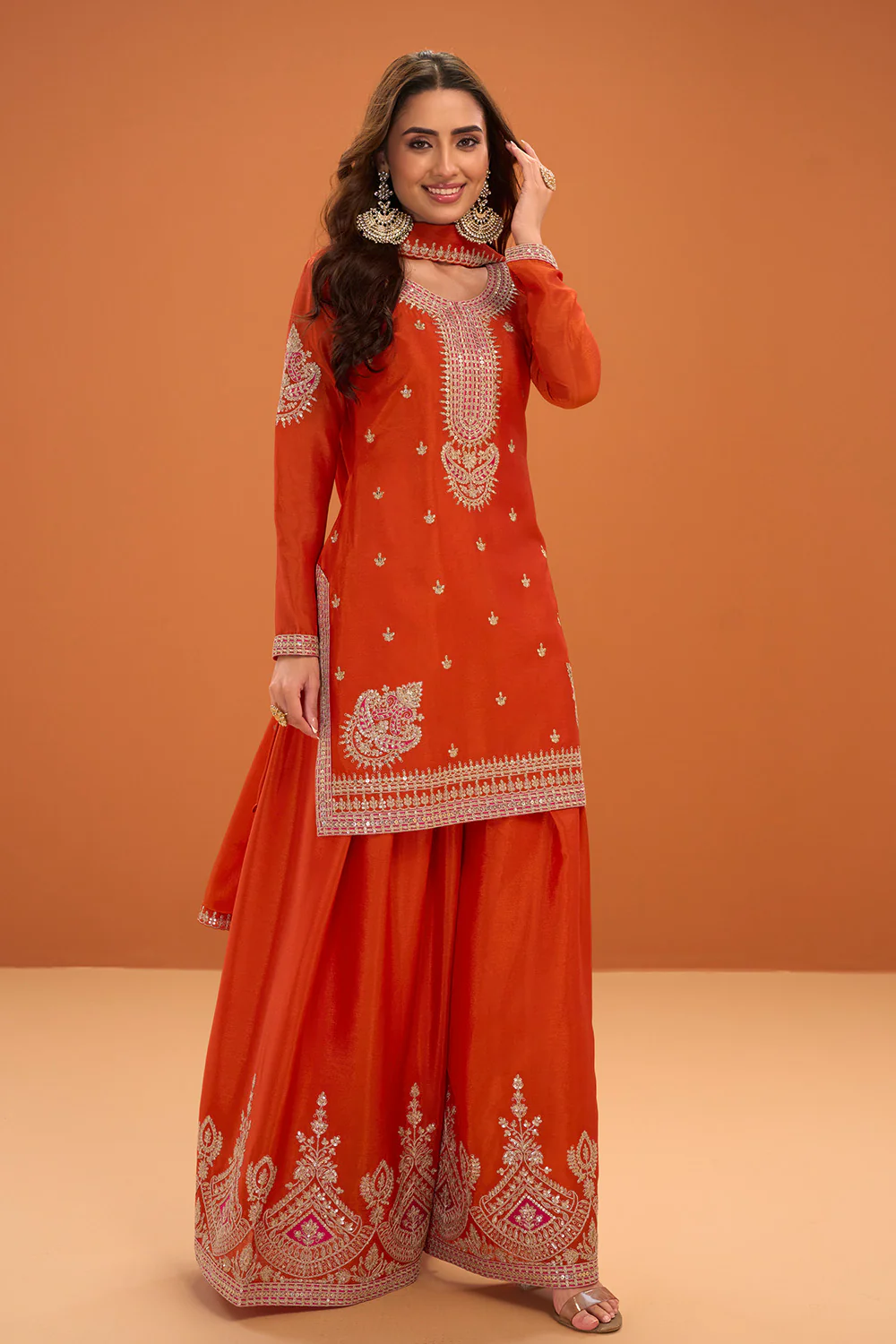 Orange Crepe Silk Zari and Sequins Embroidered Suit With Embroidered Palazzo