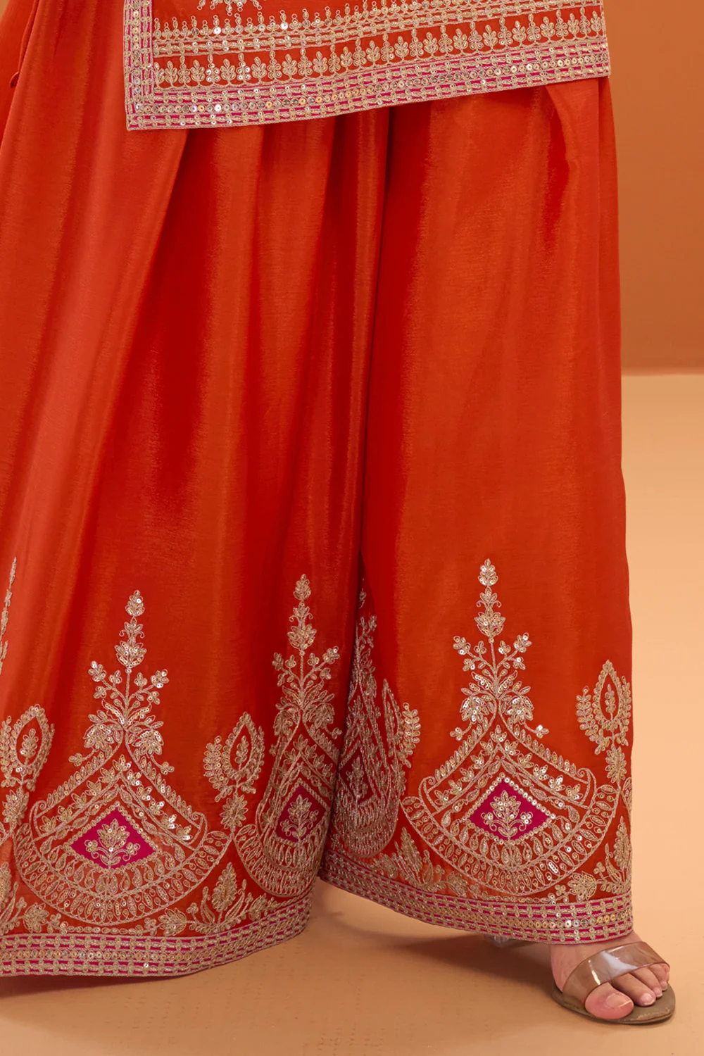 Orange Crepe Silk Zari and Sequins Embroidered Suit With Embroidered Palazzo - Image 3