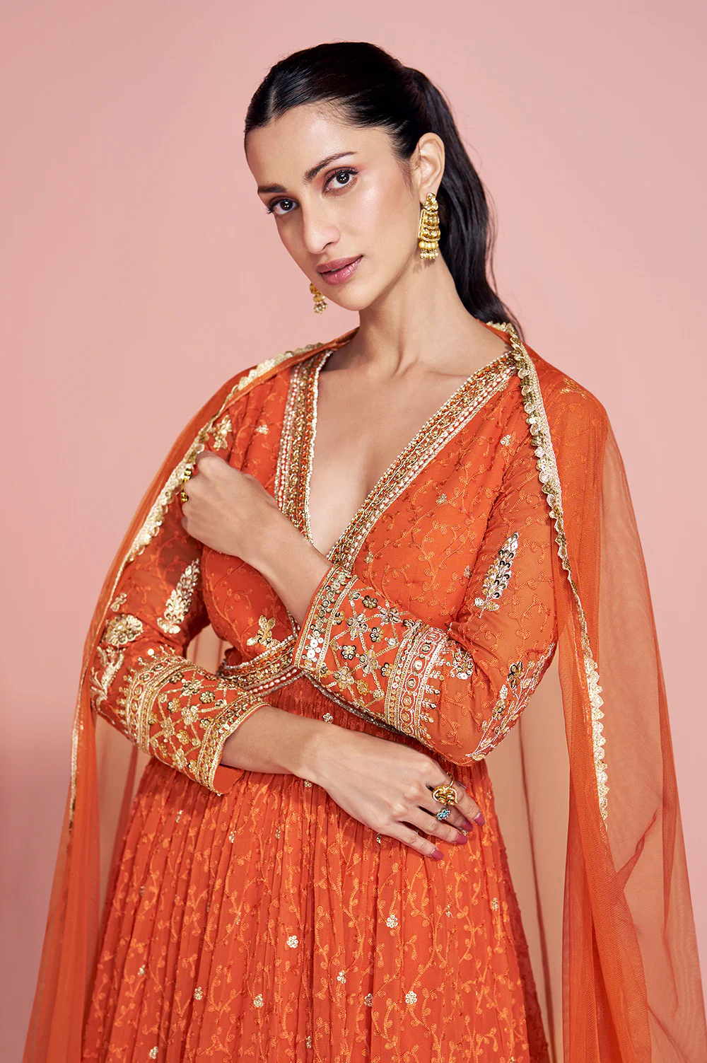 Orange Georgette Resham, Zari and Sequins Embroidered Alia Cut Anarkali Gown - Image 4