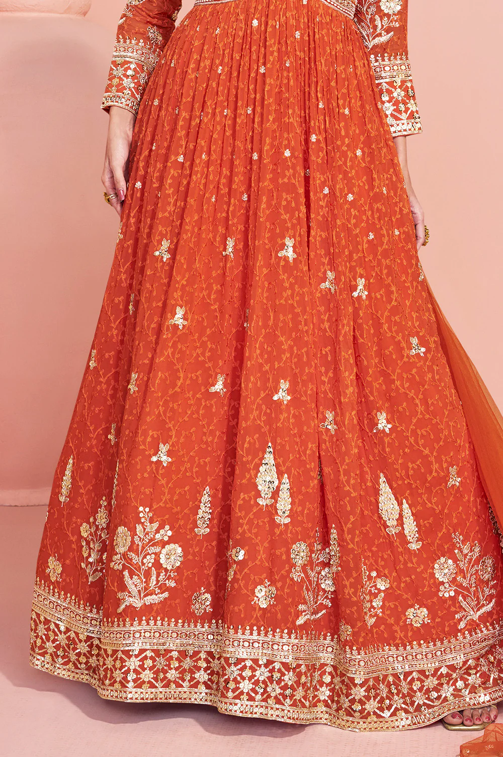 Orange Georgette Resham, Zari and Sequins Embroidered Alia Cut Anarkali Gown - Image 6