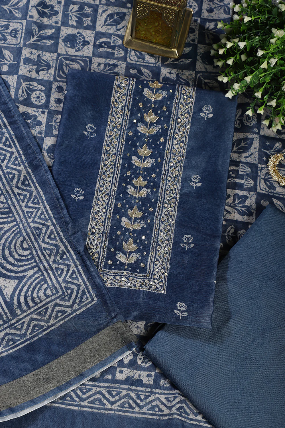 Pacific Blue Chanderi Cotton Printed and Gota-Patti Work Unstitched Suit Material