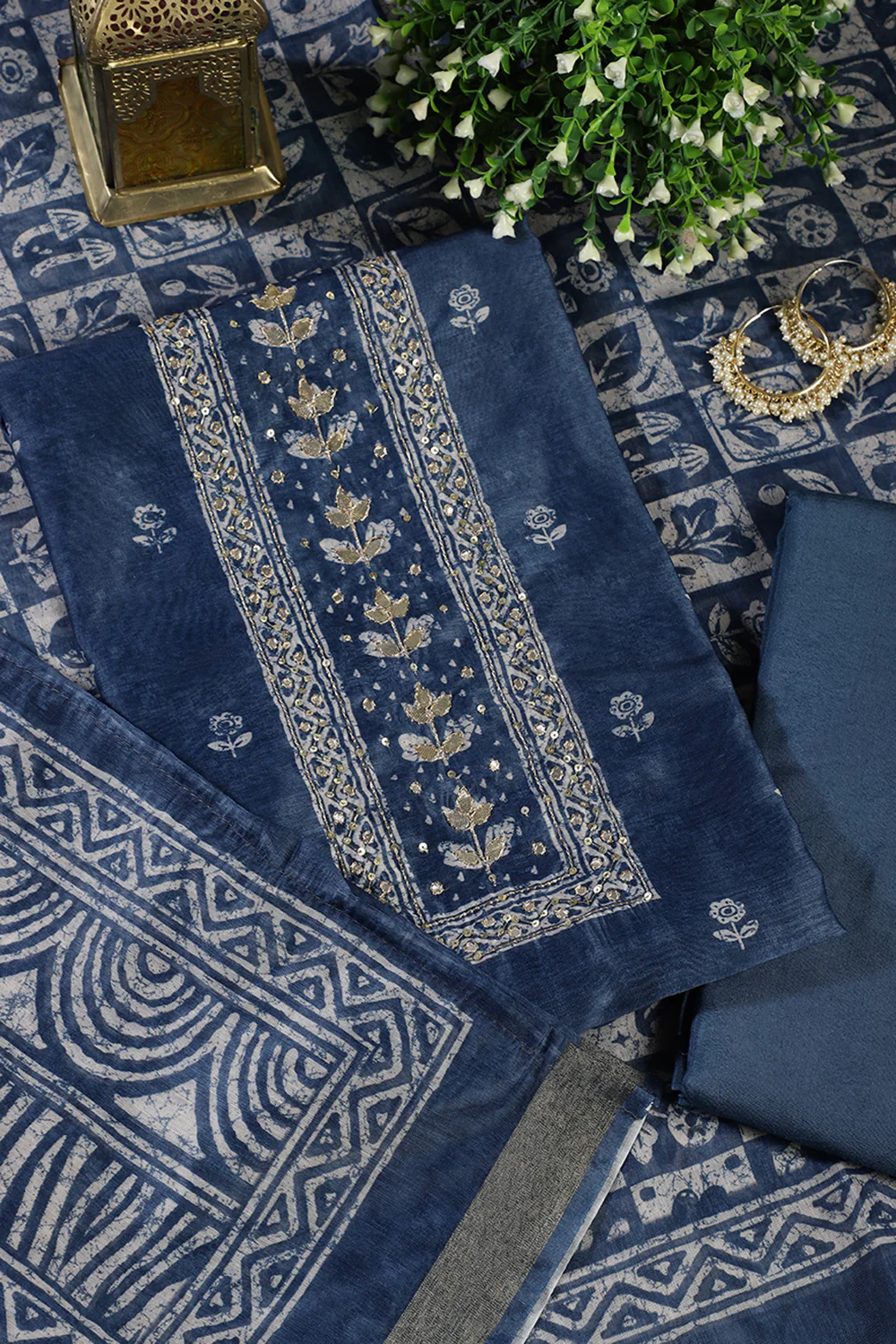 Pacific Blue Chanderi Cotton Printed and Gota-Patti Work Unstitched Suit Material - Image 2