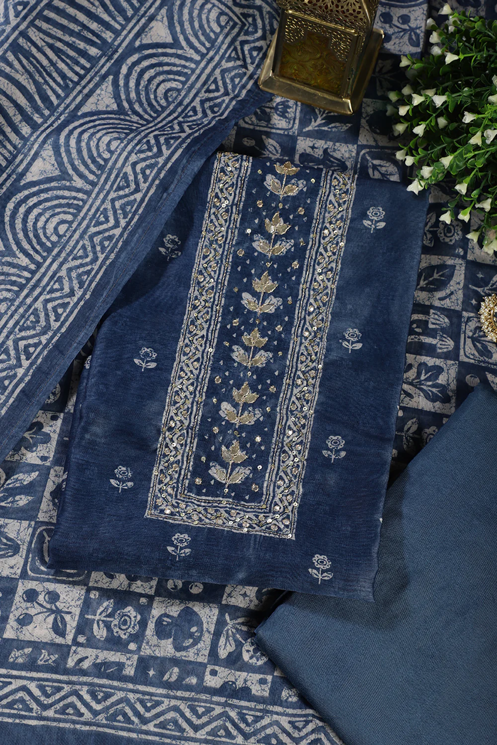 Pacific Blue Chanderi Cotton Printed and Gota-Patti Work Unstitched Suit Material - Image 3