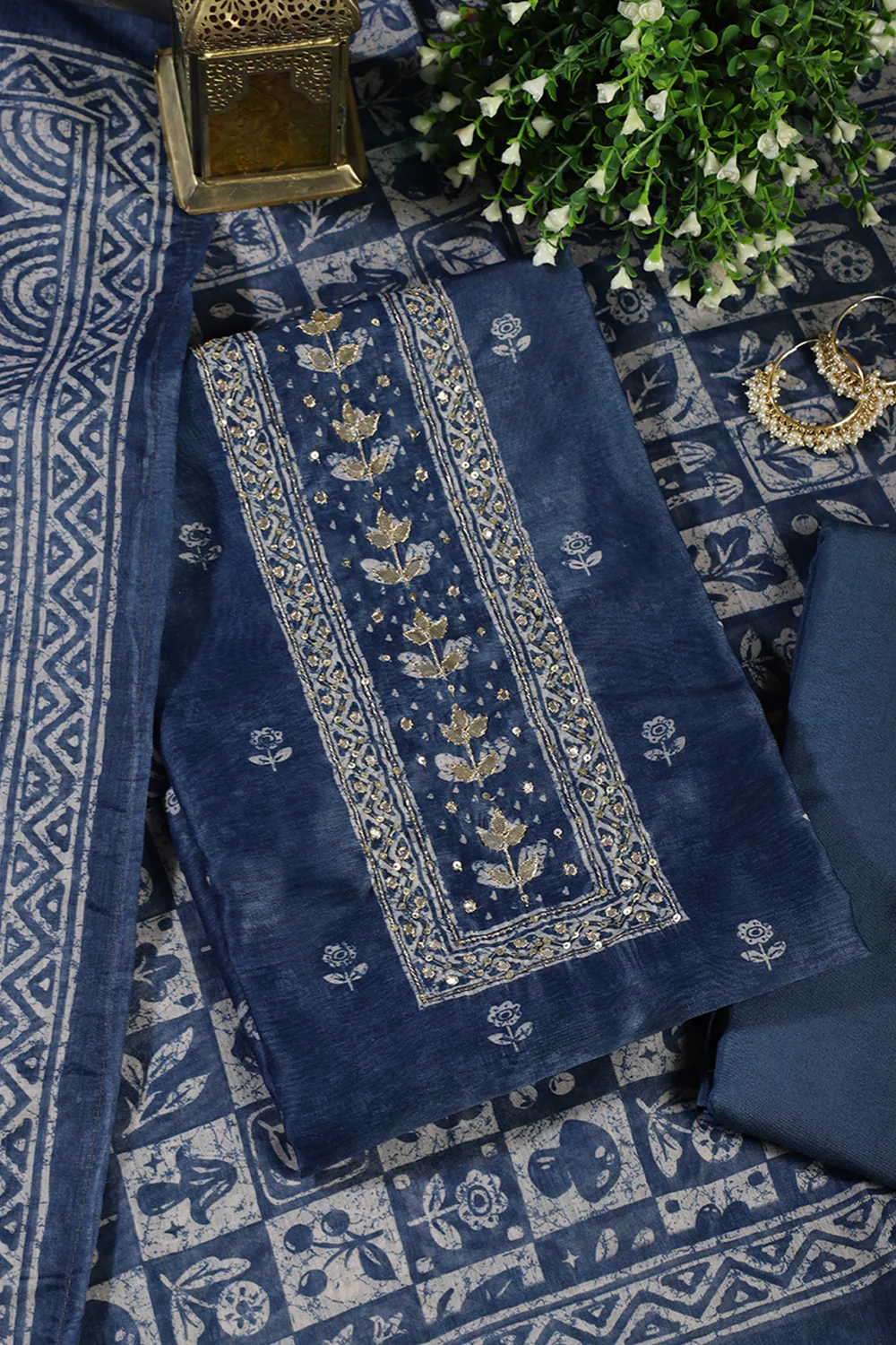 Pacific Blue Chanderi Cotton Printed and Gota-Patti Work Unstitched Suit Material - Image 4