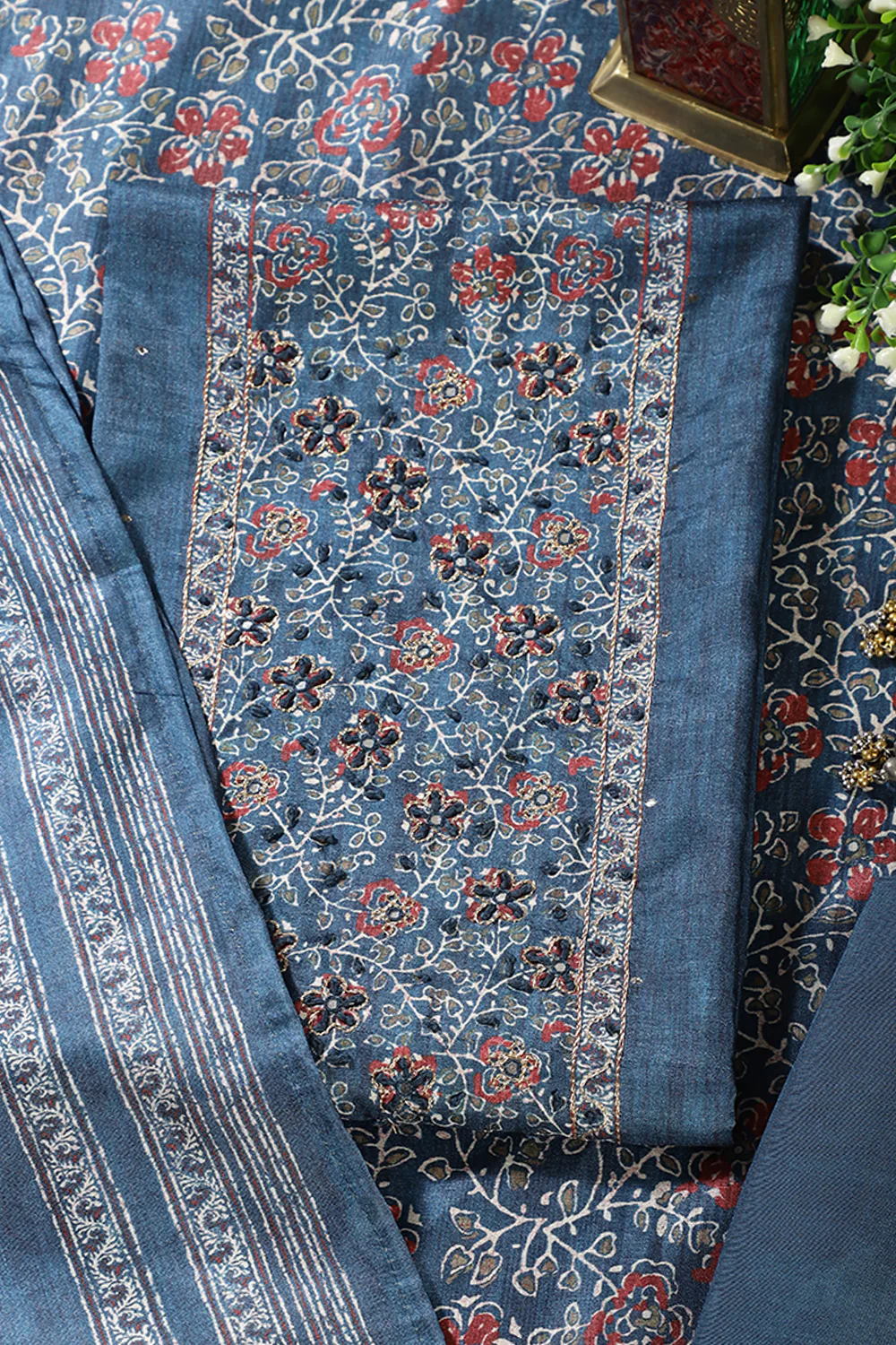 Pacific Blue Chanderi Silk Mirror & Resham worked Unstitched Suit - Image 3