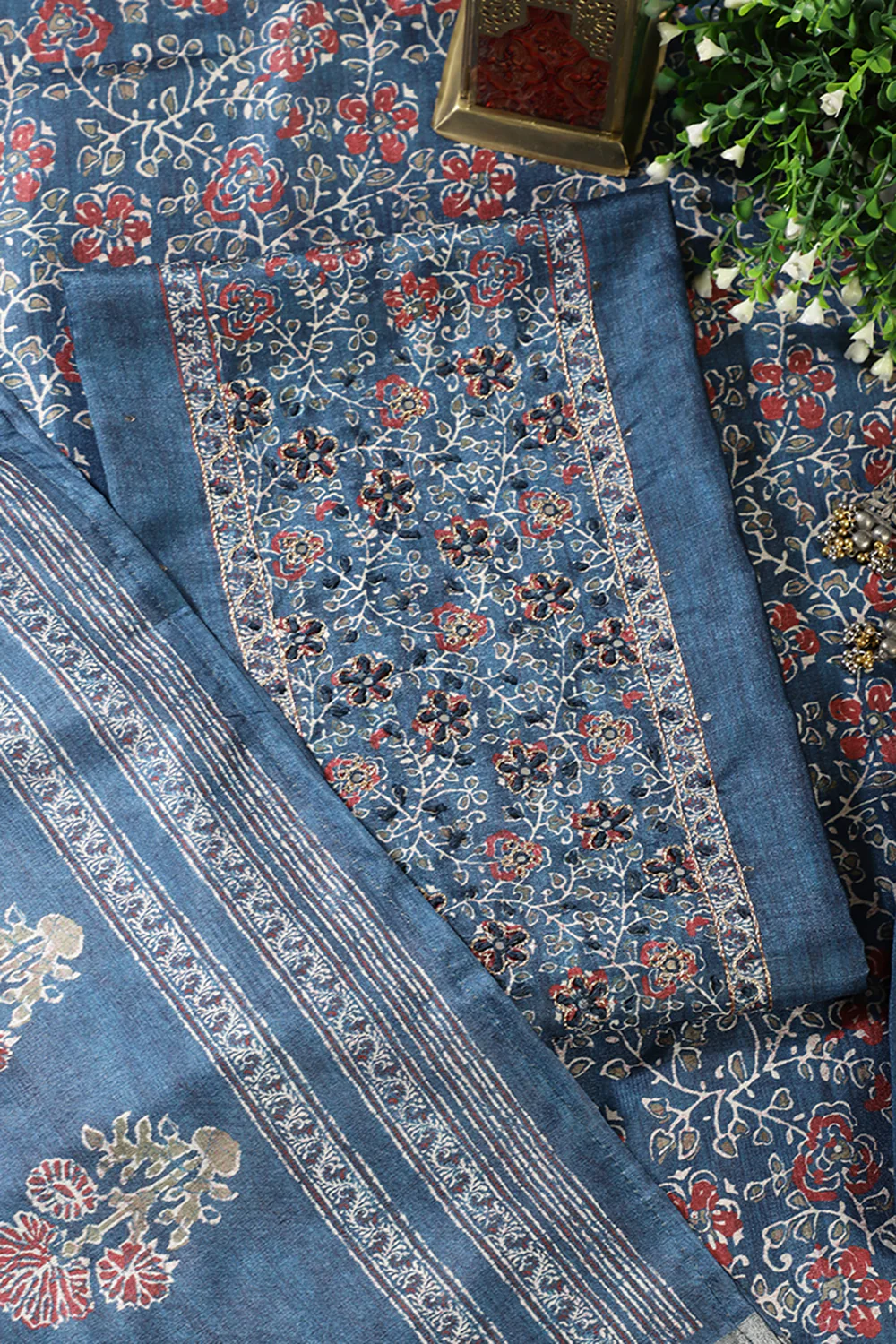 Pacific Blue Chanderi Silk Mirror & Resham worked Unstitched Suit - Image 4