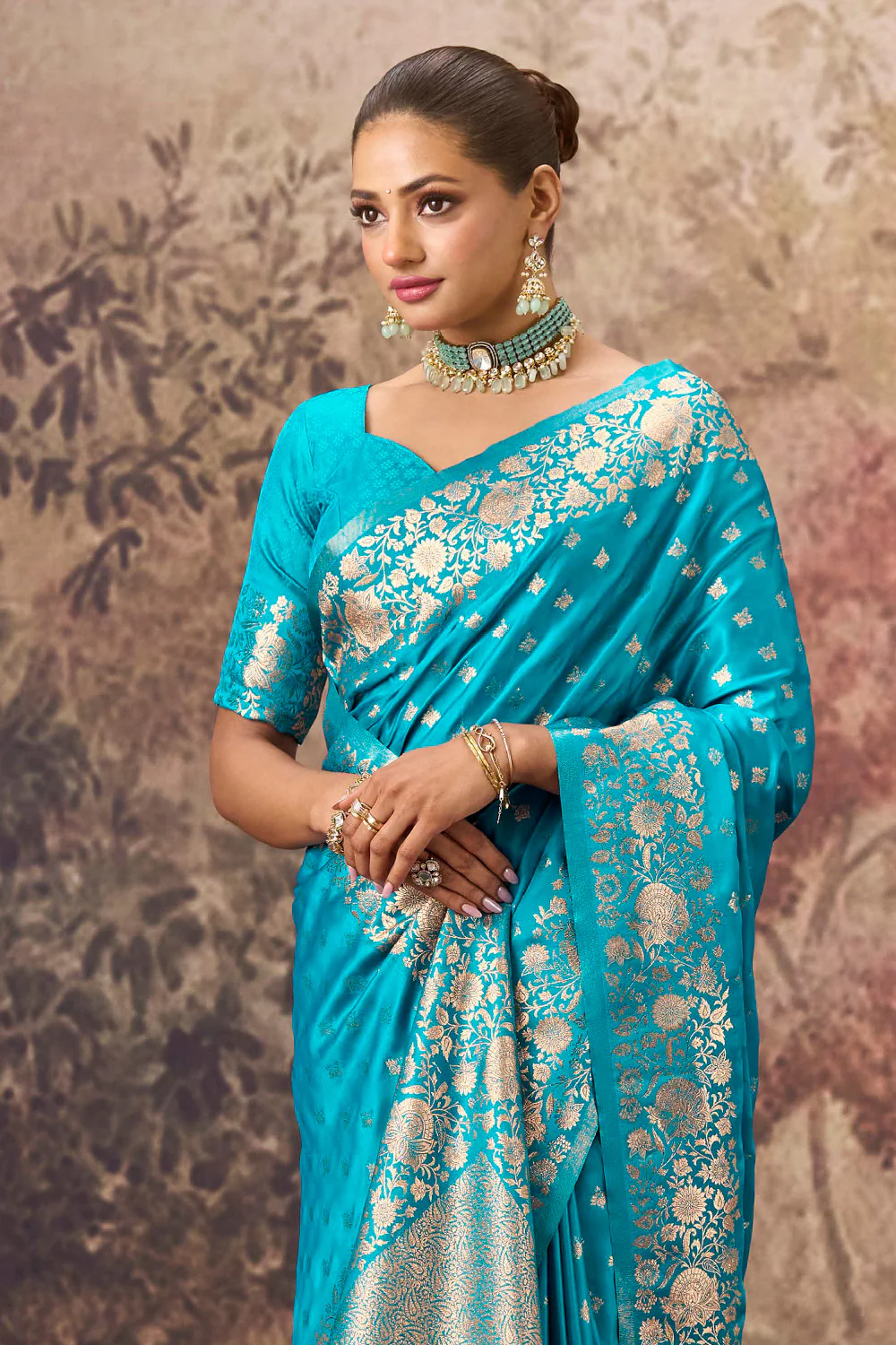 Pacific Blue Charmeuse Silk Zari Woven Saree - Image 2