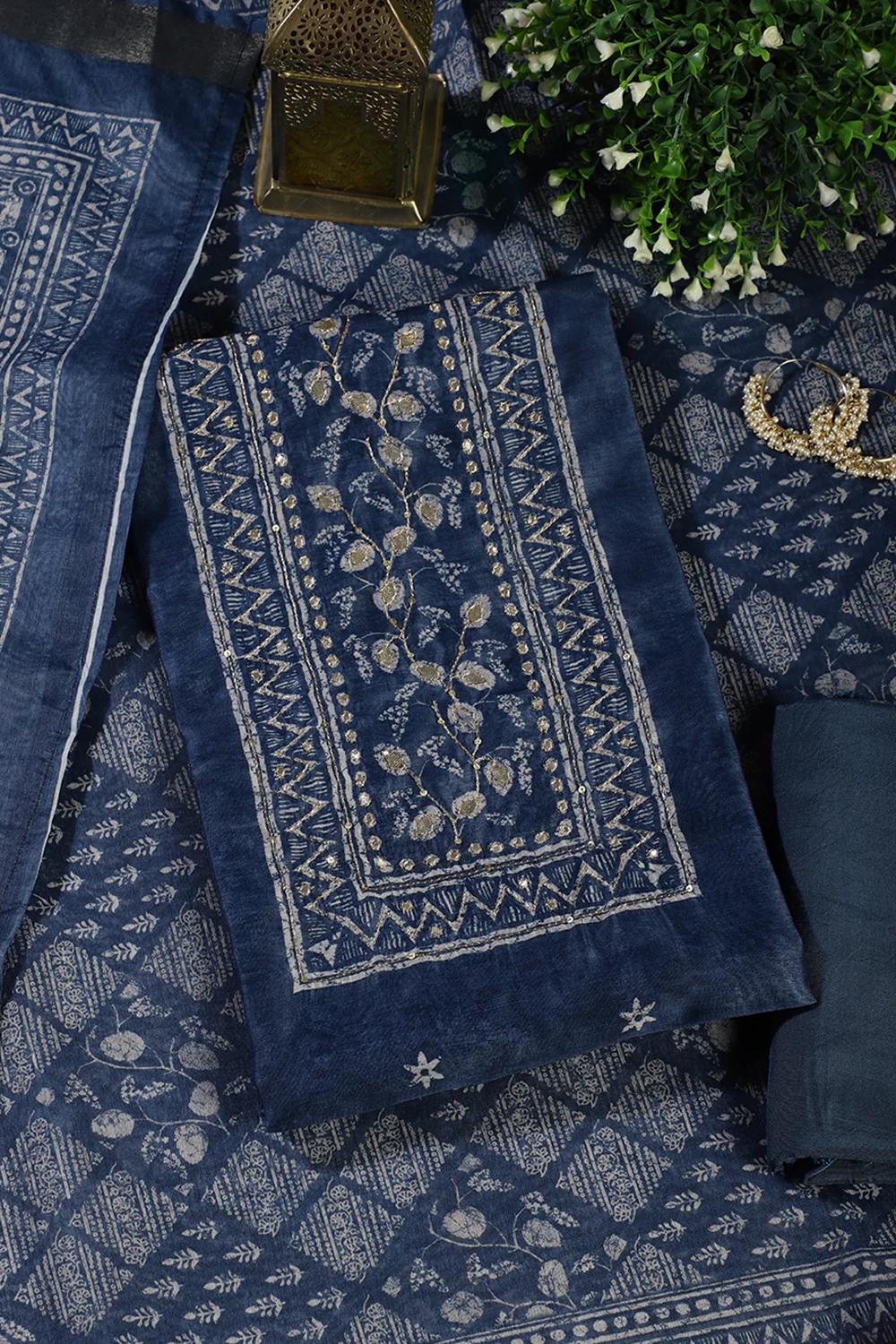 Pacific Blue Printed and Gota-Patti Work Chanderi Cotton Unstitched Suit Material