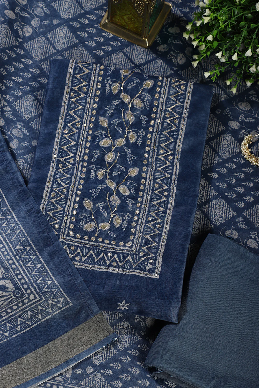 Pacific Blue Printed and Gota-Patti Work Chanderi Cotton Unstitched Suit Material - Image 2