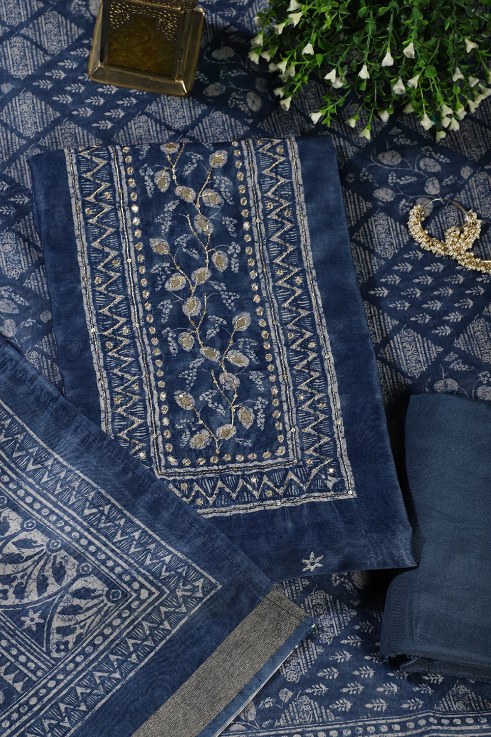 Pacific Blue Printed and Gota-Patti Work Chanderi Cotton Unstitched Suit Material - Image 3
