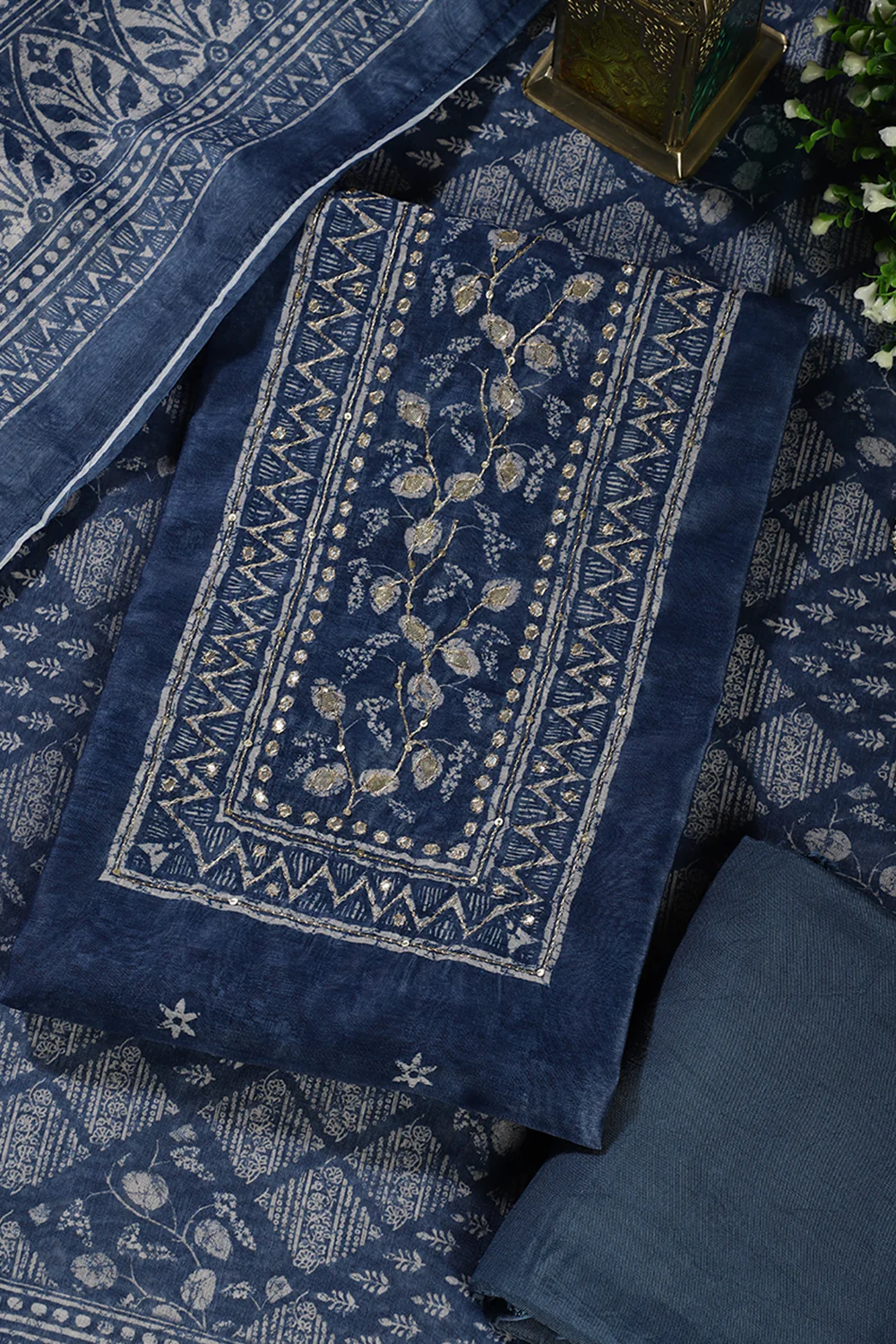 Pacific Blue Printed and Gota-Patti Work Chanderi Cotton Unstitched Suit Material - Image 4