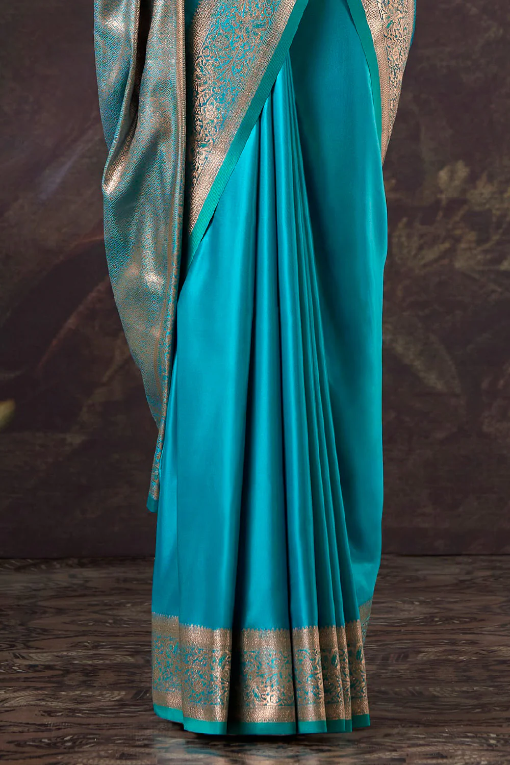 Pacific Blue Satin Silk Woven Saree - Image 3