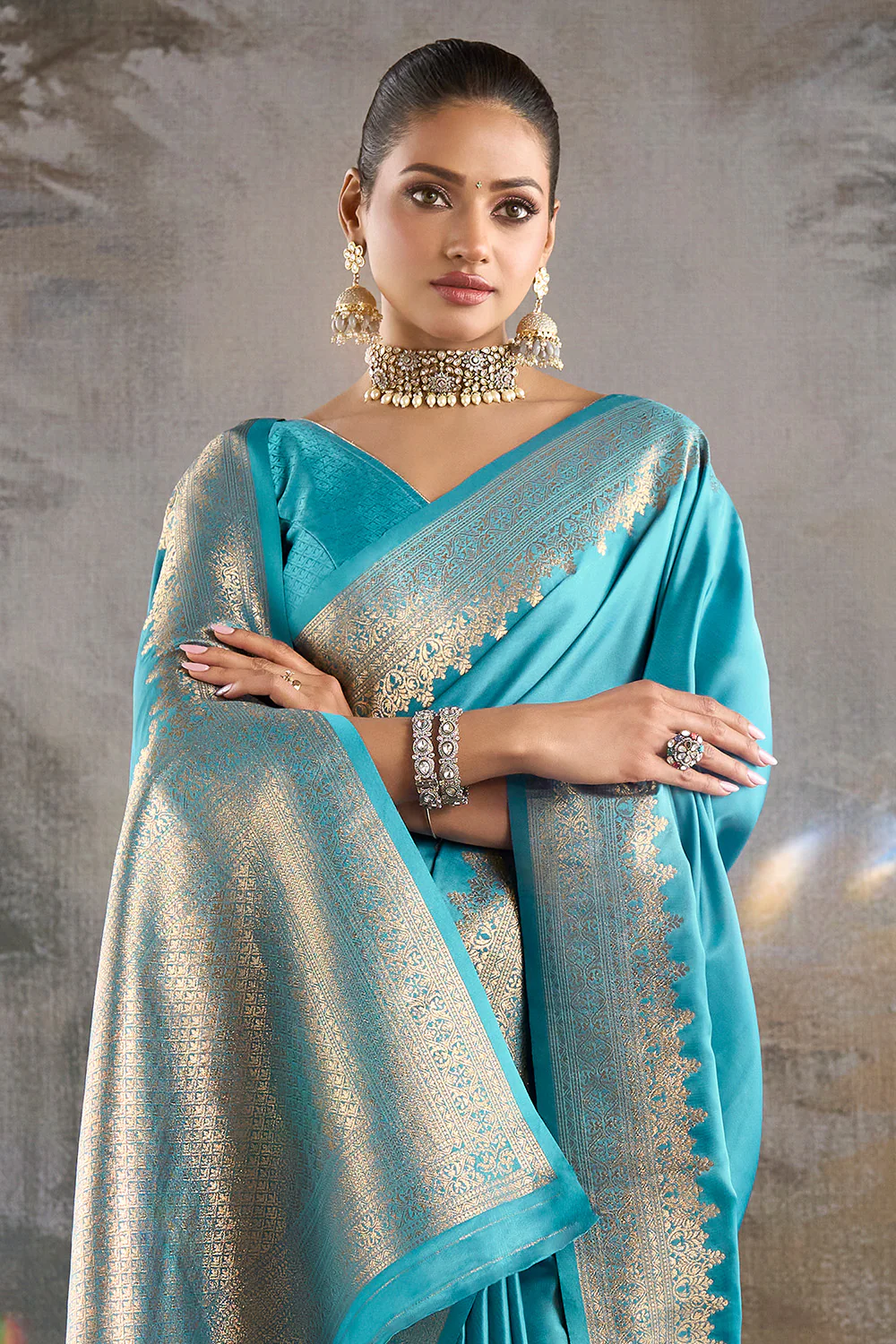 Pacific Blue Zari Woven Satin Silk Saree - Image 2