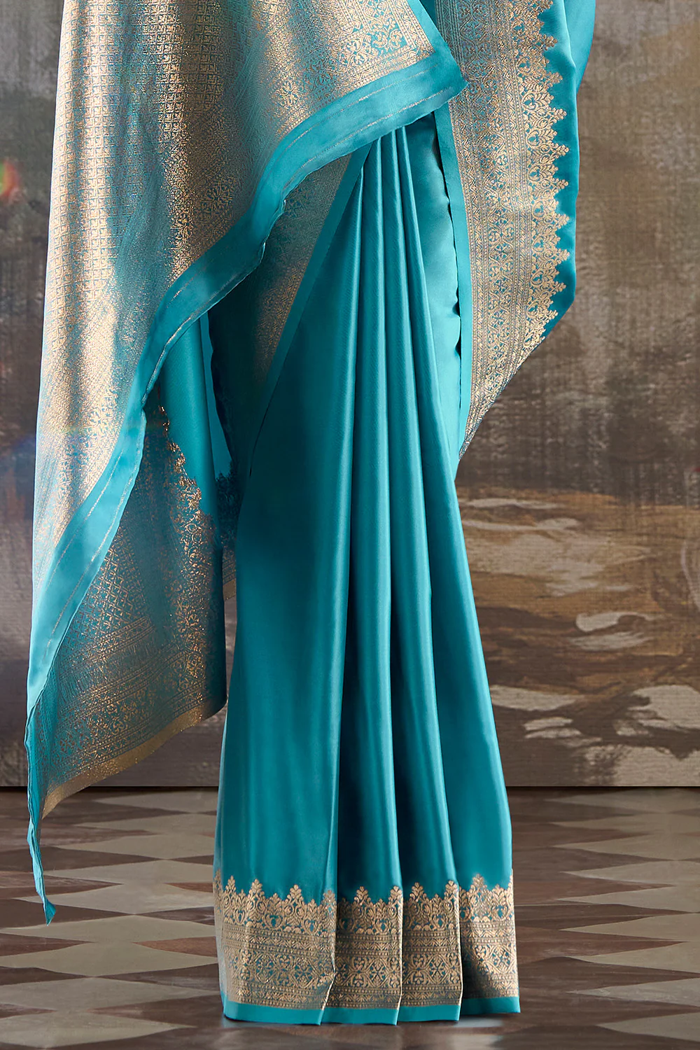 Pacific Blue Zari Woven Satin Silk Saree - Image 3