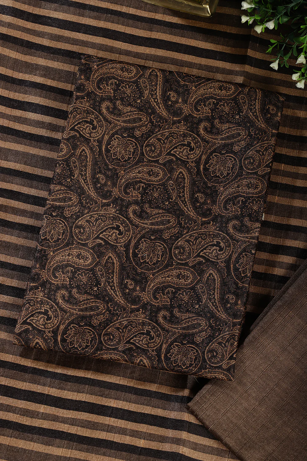 Pale Brown & Black Digital Printed Chanderi Cotton Unstiched Suit Material - Image 2