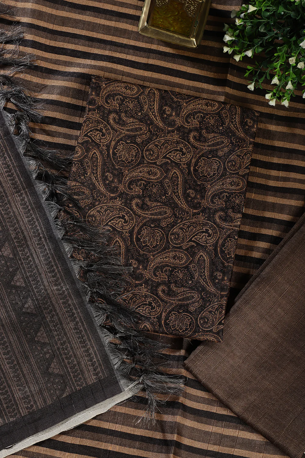 Pale Brown & Black Digital Printed Chanderi Cotton Unstiched Suit Material - Image 3