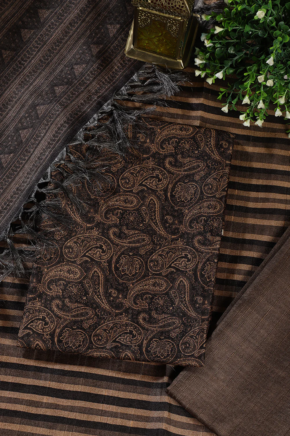 Pale Brown & Black Digital Printed Chanderi Cotton Unstiched Suit Material - Image 4