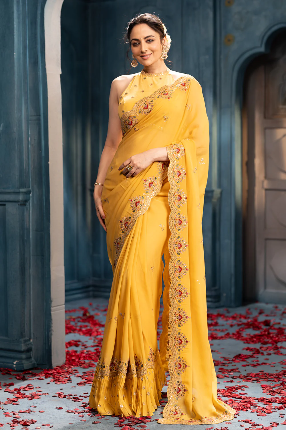 Pale Yellow Pure Georgette Resham, Zari and Sequins Embroidered Saree - Image 2
