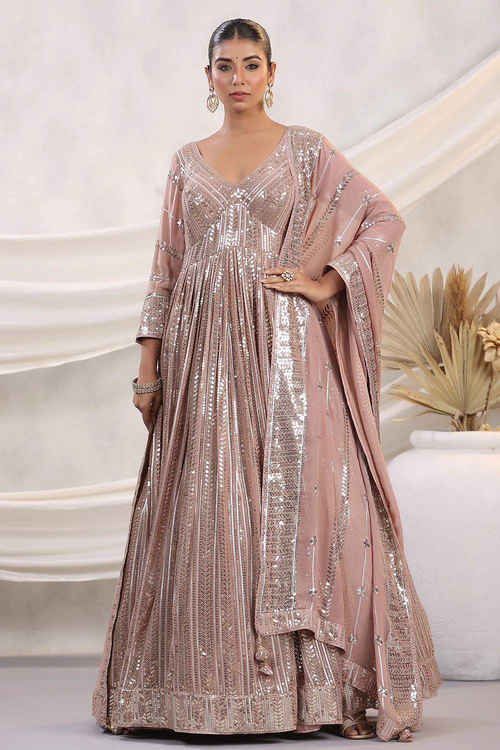 Peach Color Georgette Sequins Embroidered Floor Length Anarkali Gown with Dupatta - Image 3
