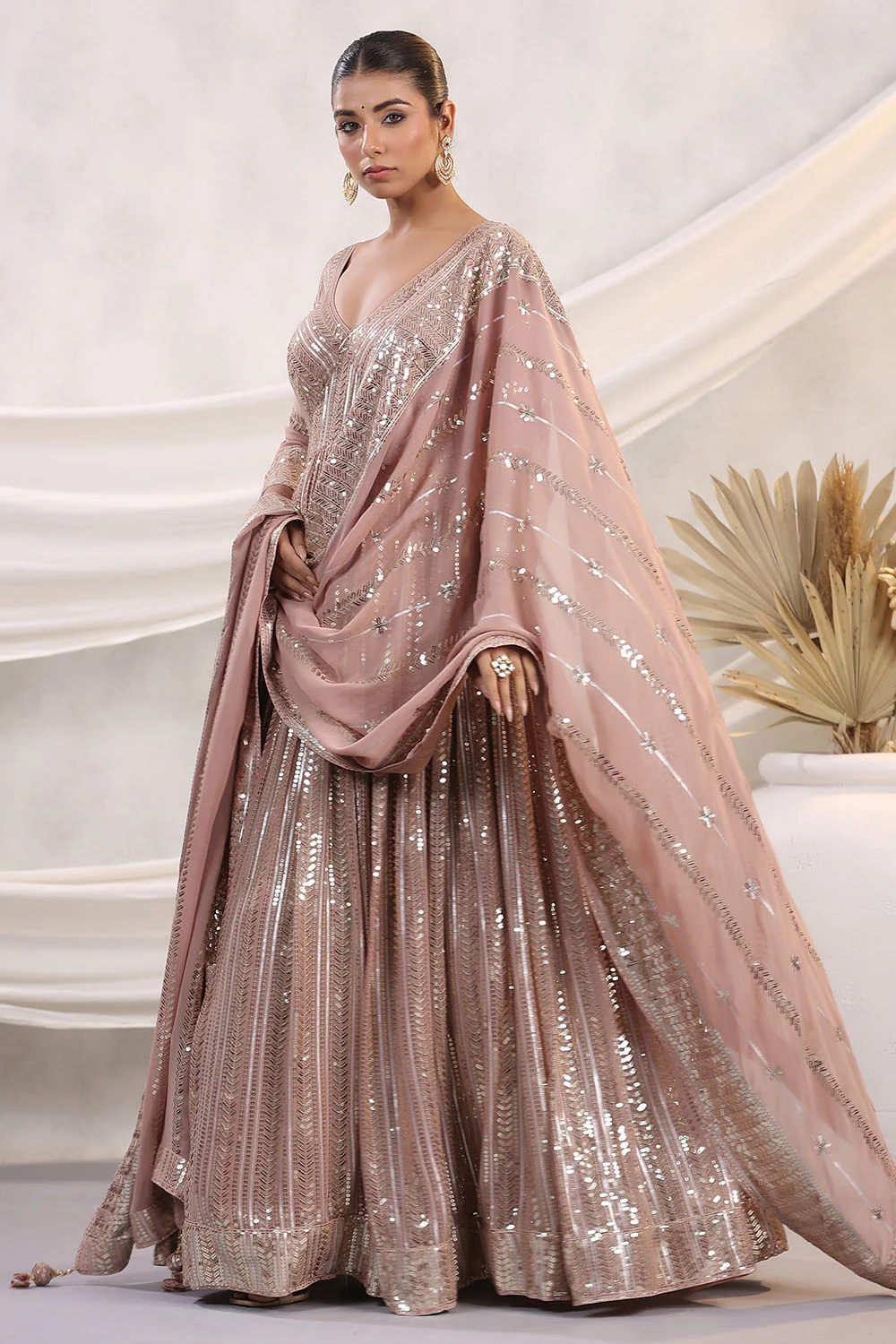 Peach Color Georgette Sequins Embroidered Floor Length Anarkali Gown with Dupatta - Image 4