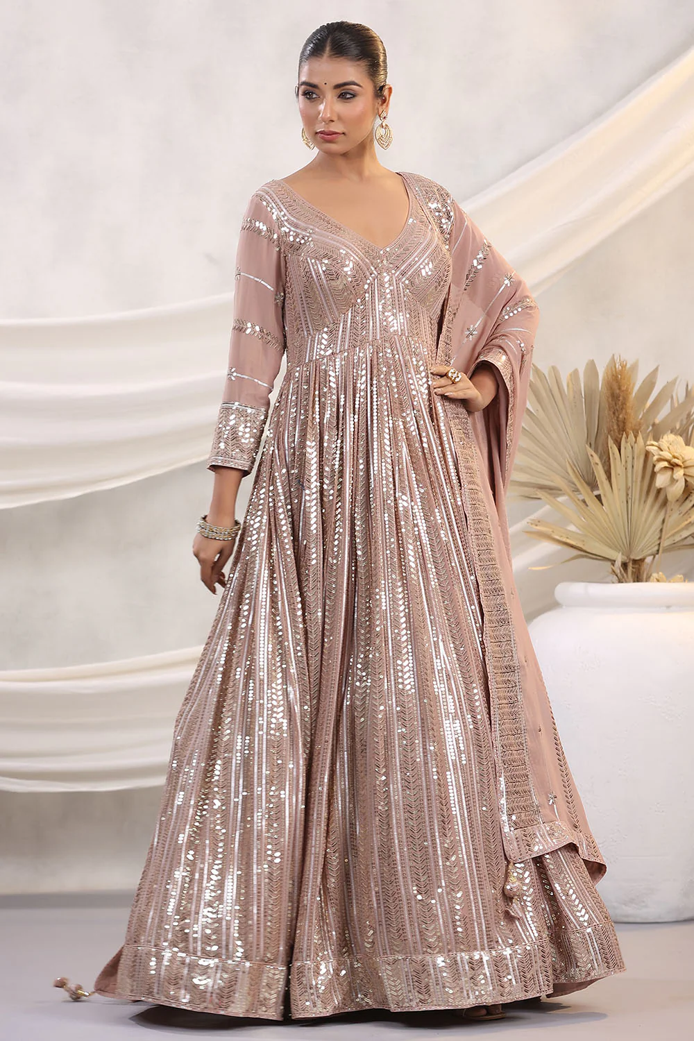 Peach Color Georgette Sequins Embroidered Floor Length Anarkali Gown with Dupatta - Image 5