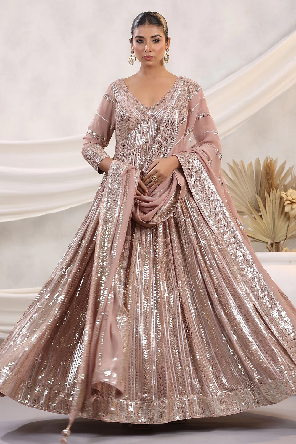 Peach Color Georgette Sequins Embroidered Floor Length Anarkali Gown with Dupatta - Image 6