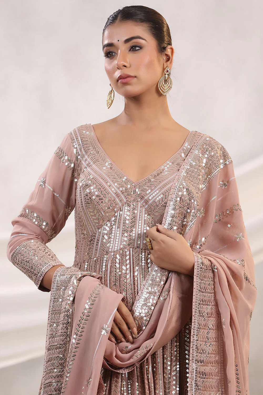 Peach Color Georgette Sequins Embroidered Floor Length Anarkali Gown with Dupatta - Image 7