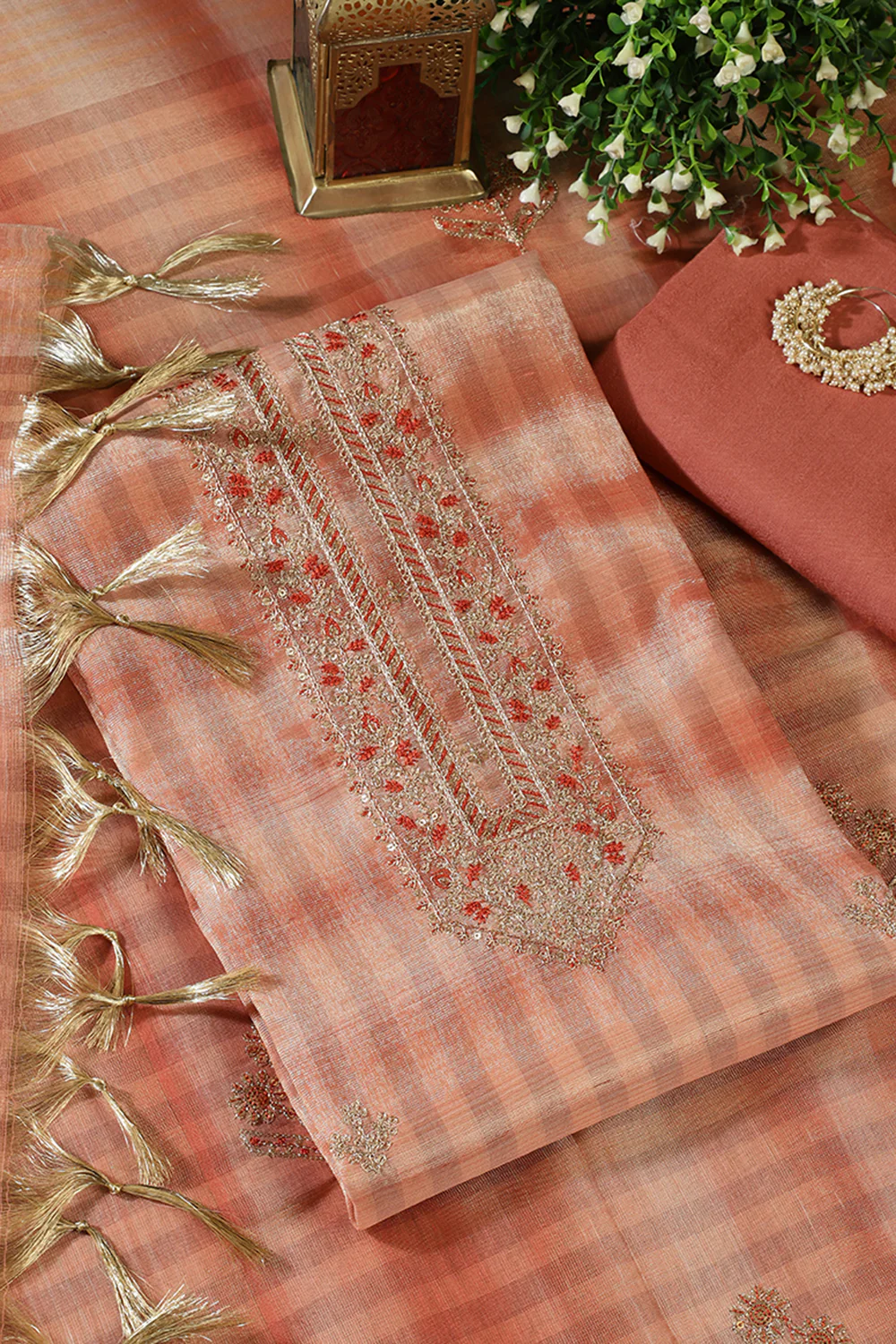 Peach Tissue Silk Zari And Resham Embroidered Unstitched Suit Material - Image 2