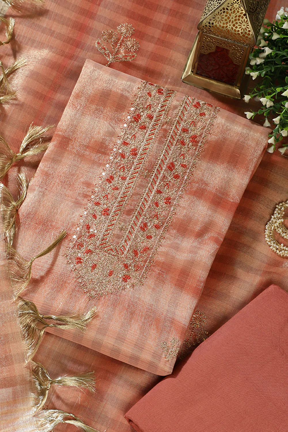 Peach Tissue Silk Zari And Resham Embroidered Unstitched Suit Material - Image 3