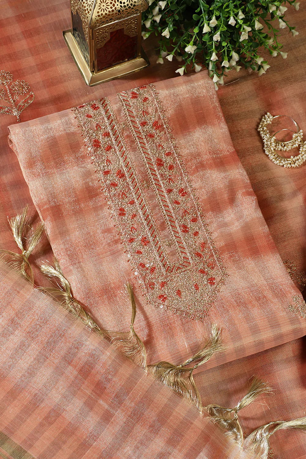 Peach Tissue Silk Zari And Resham Embroidered Unstitched Suit Material - Image 4
