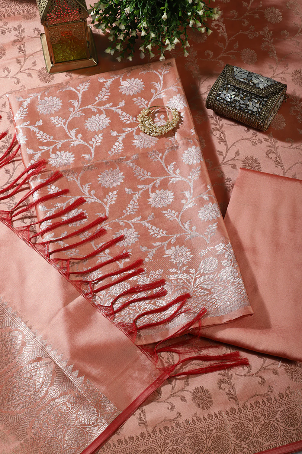 Peach Zari Floral Woven Silk Unstitched Suit Fabric - Image 2