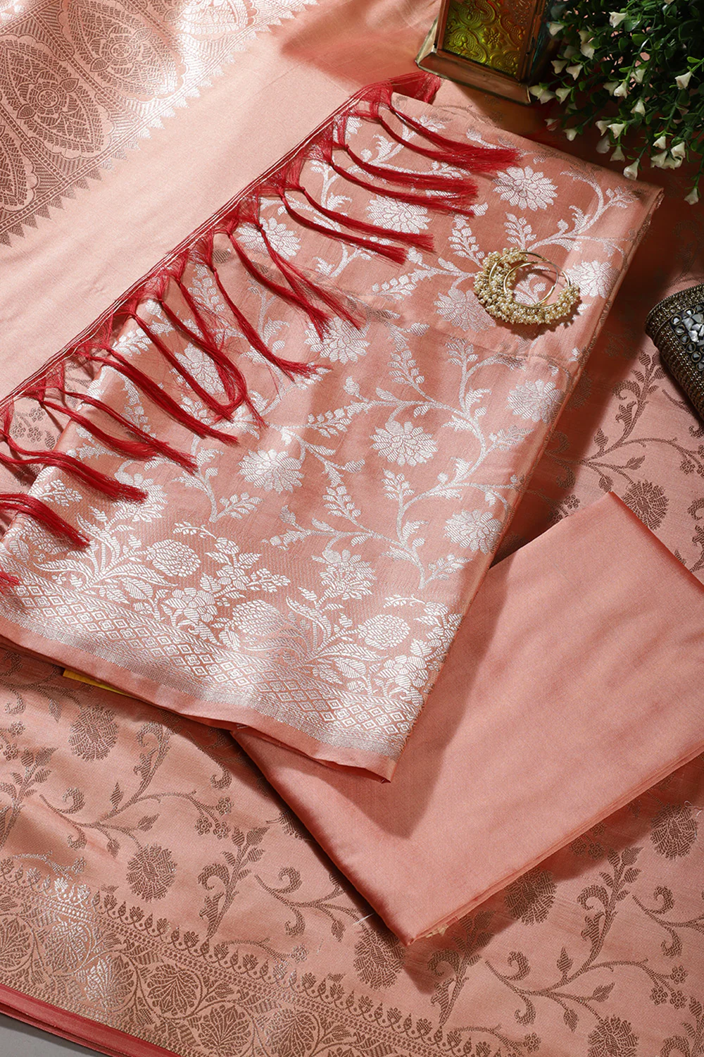 Peach Zari Floral Woven Silk Unstitched Suit Fabric - Image 3