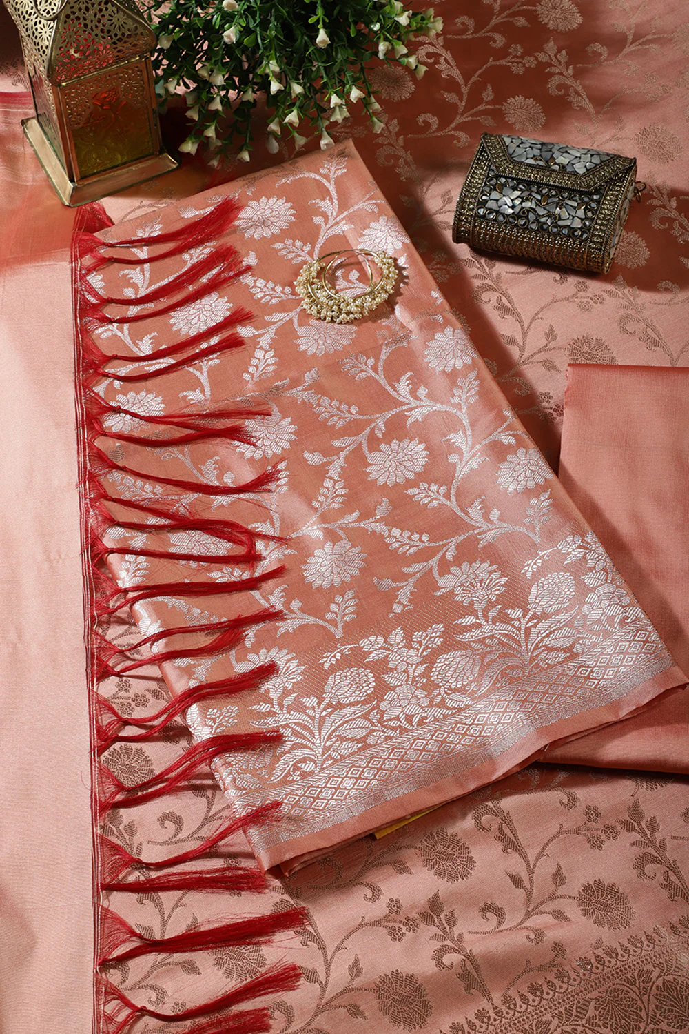 Peach Zari Floral Woven Silk Unstitched Suit Fabric - Image 4