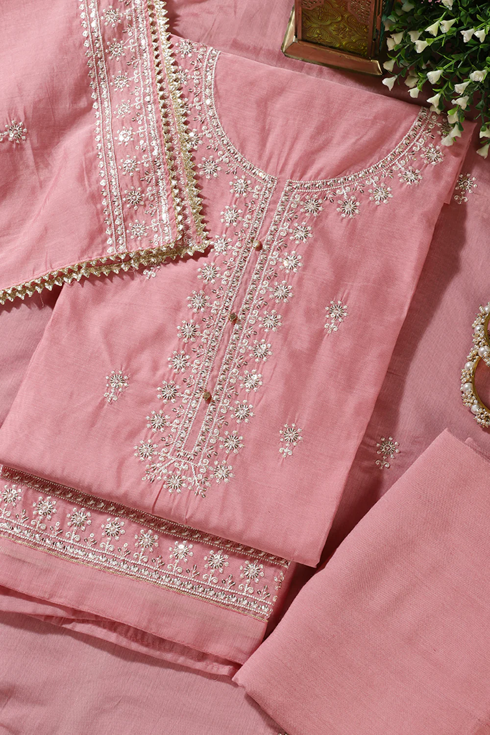 Pink Chanderi Silk Resham Embroidered Unstitched Suit Material - Image 3