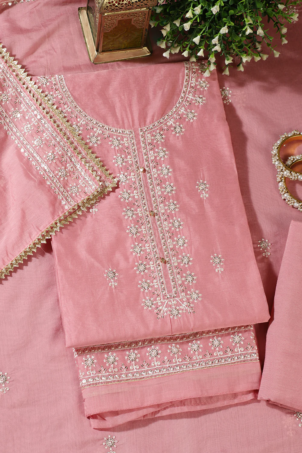 Pink Chanderi Silk Resham Embroidered Unstitched Suit Material - Image 4
