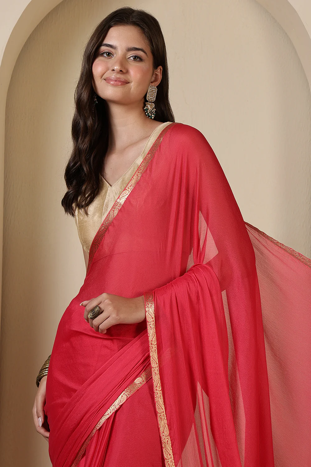 Pink Chiffon Zari Border Saree - Image 5