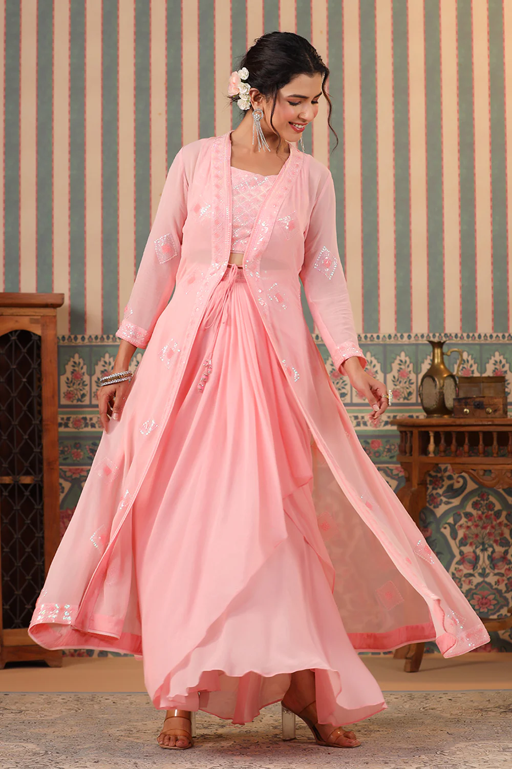 Pink Color Georgette Embroidered Crop-Top With Shrug & Skirt - Image 3