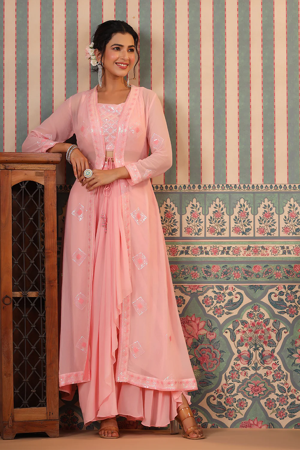 Pink Color Georgette Embroidered Crop-Top With Shrug & Skirt - Image 4