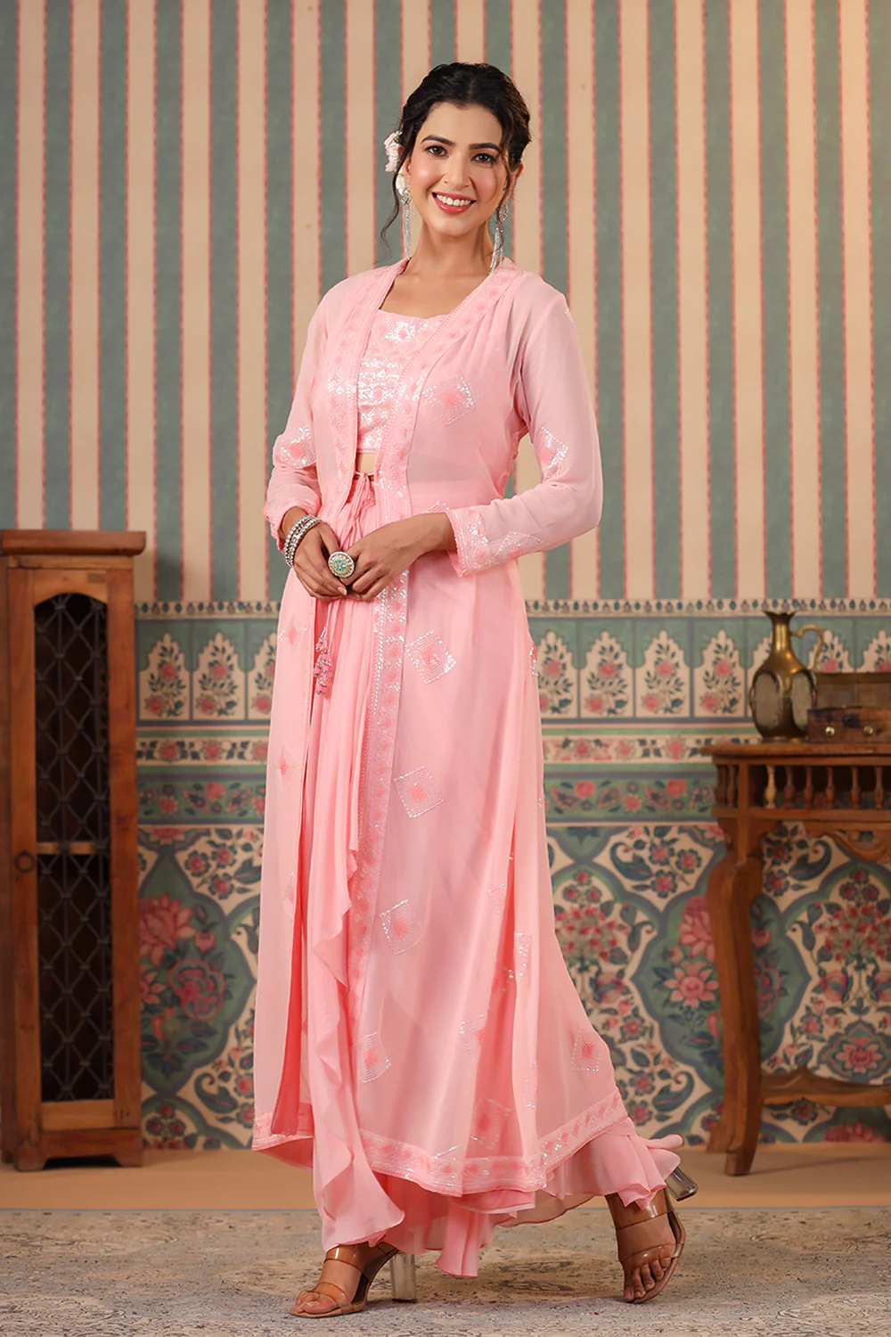 Pink Color Georgette Embroidered Crop-Top With Shrug & Skirt - Image 5