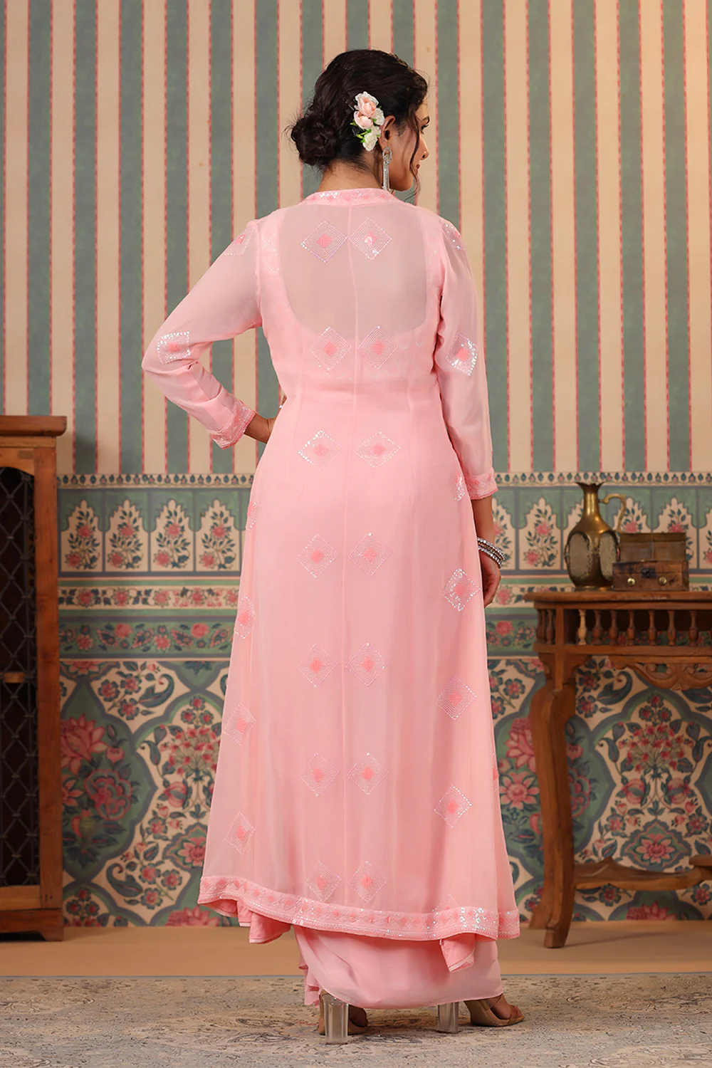 Pink Color Georgette Embroidered Crop-Top With Shrug & Skirt - Image 6